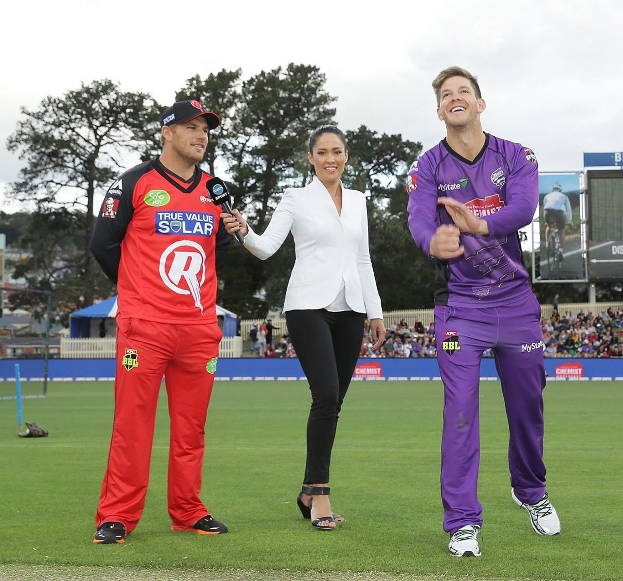 Aaron Finch, Mel McLaughlin And Tim Paine At The Toss