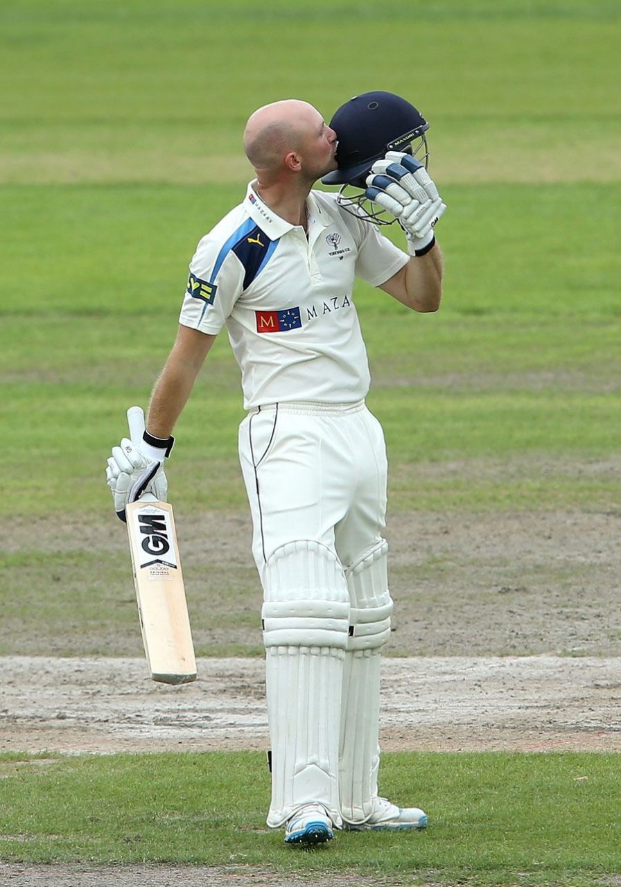 Adam Lyth Kisses The Badge On Reaching His Hundred