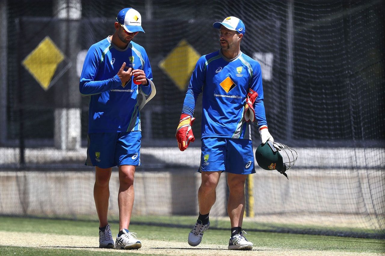 Matthew Wade Speaks To Nathan Lyon During A Nets Session