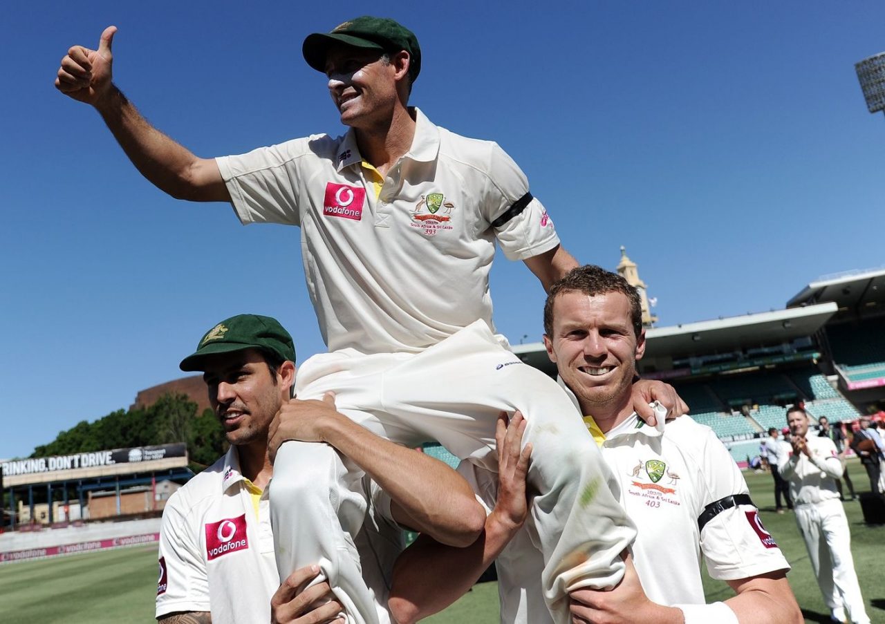 Mitchell Johnson And Peter Siddle Carry Michael Hussey