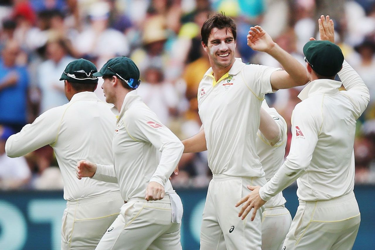 Pat Cummins Celebrates The Wicket With His Teammates