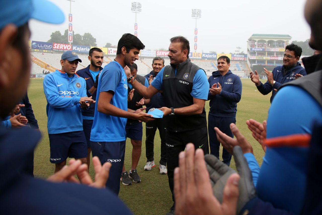 Washington Sundar Receives His ODI Cap From Ravi Shastri