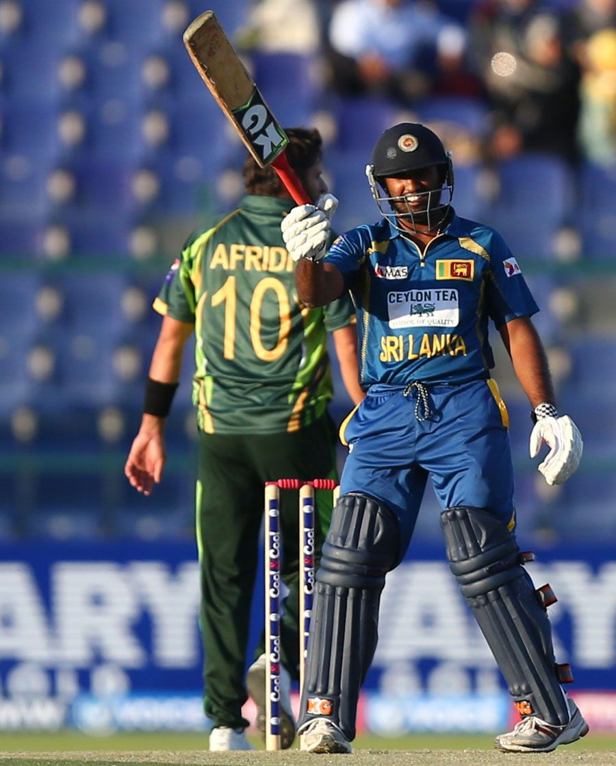 Ashan Priyanjan Raises His Bat After Scoring His Maiden ODI Fifty