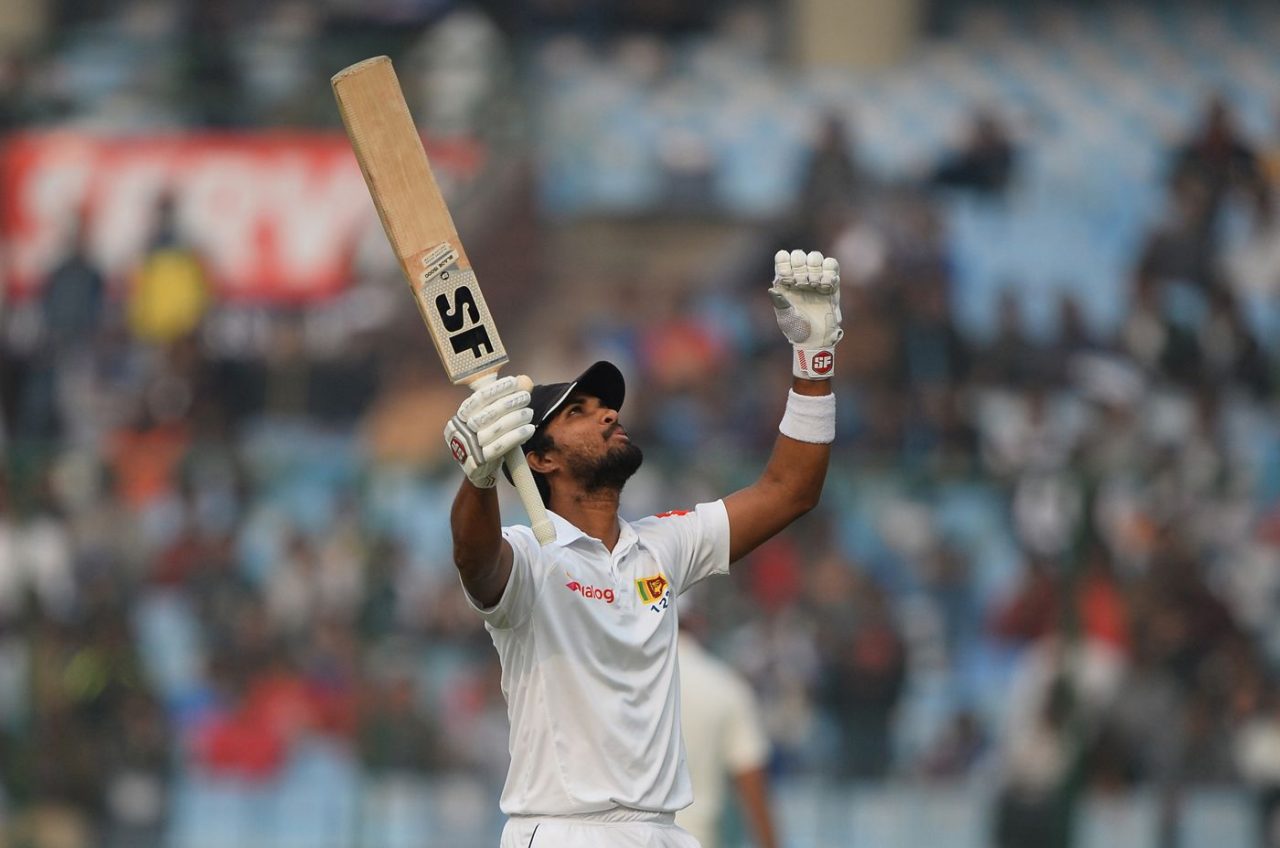 Dinesh Chandimal Raises His Bat After Getting To His Ton